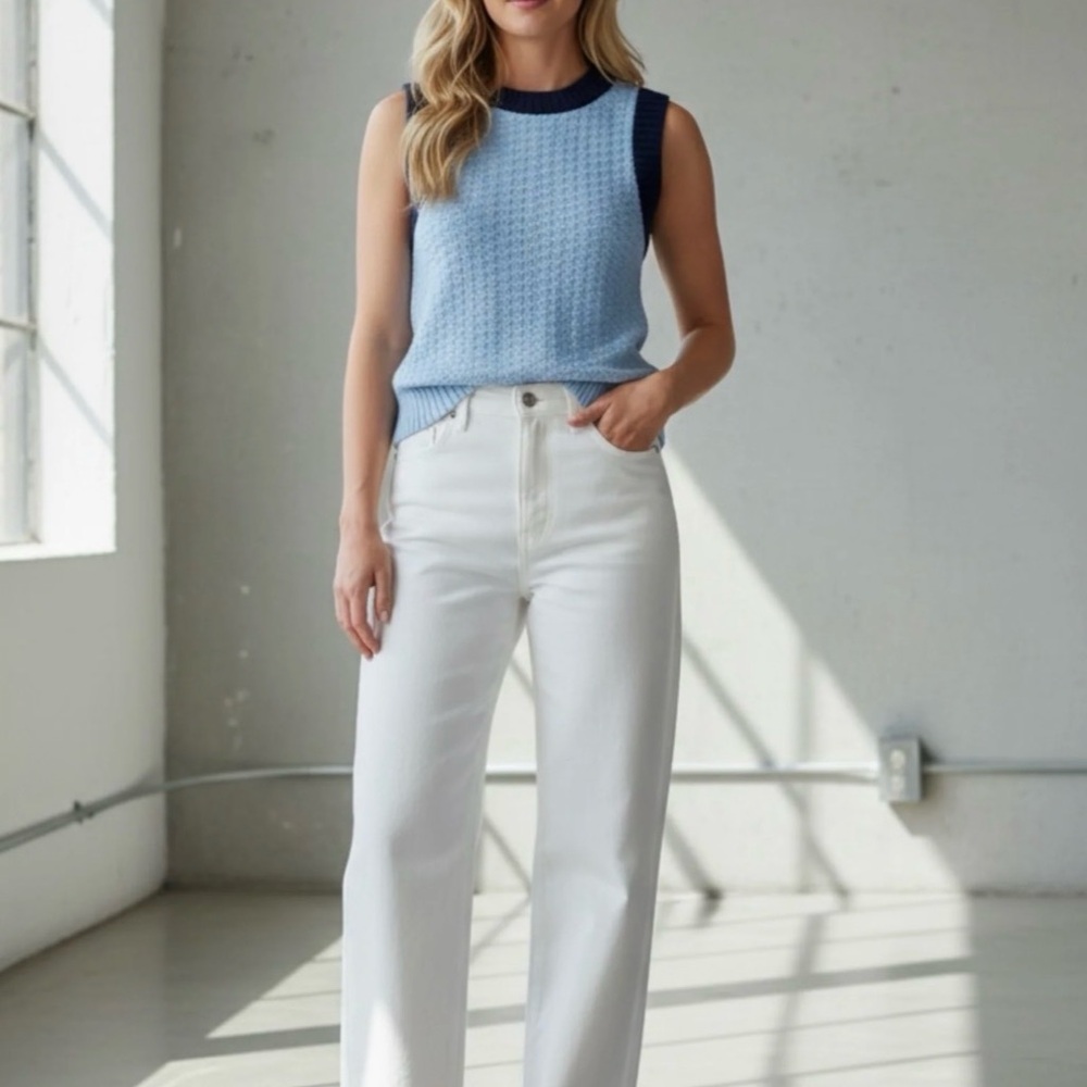 Michael Stars Light Blue Sweater Tank with Navy Trim